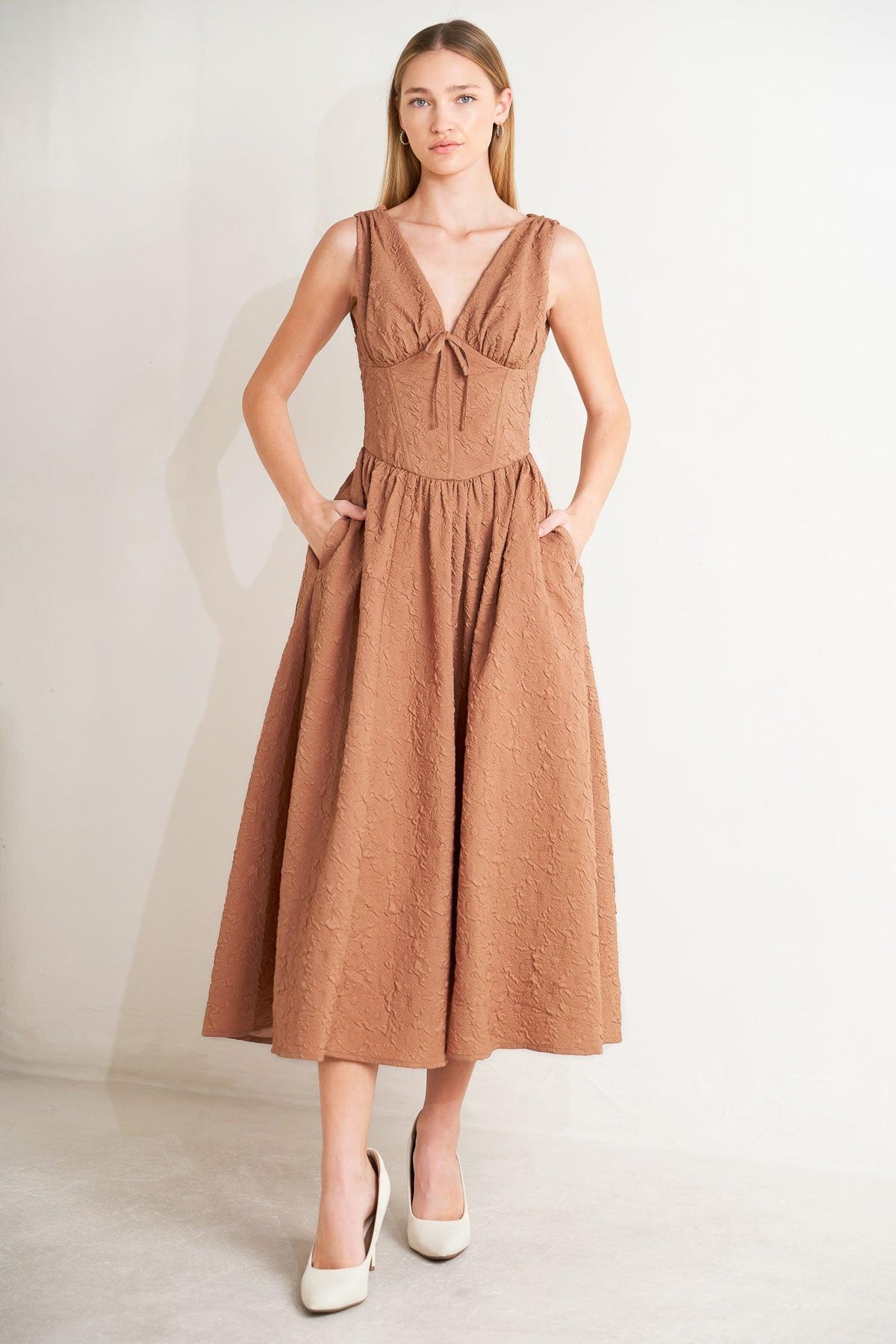 Flying Tomato Earthbound Charm woven midi dress in mocha rose with a flowy silhouette and intricate woven fabric design.