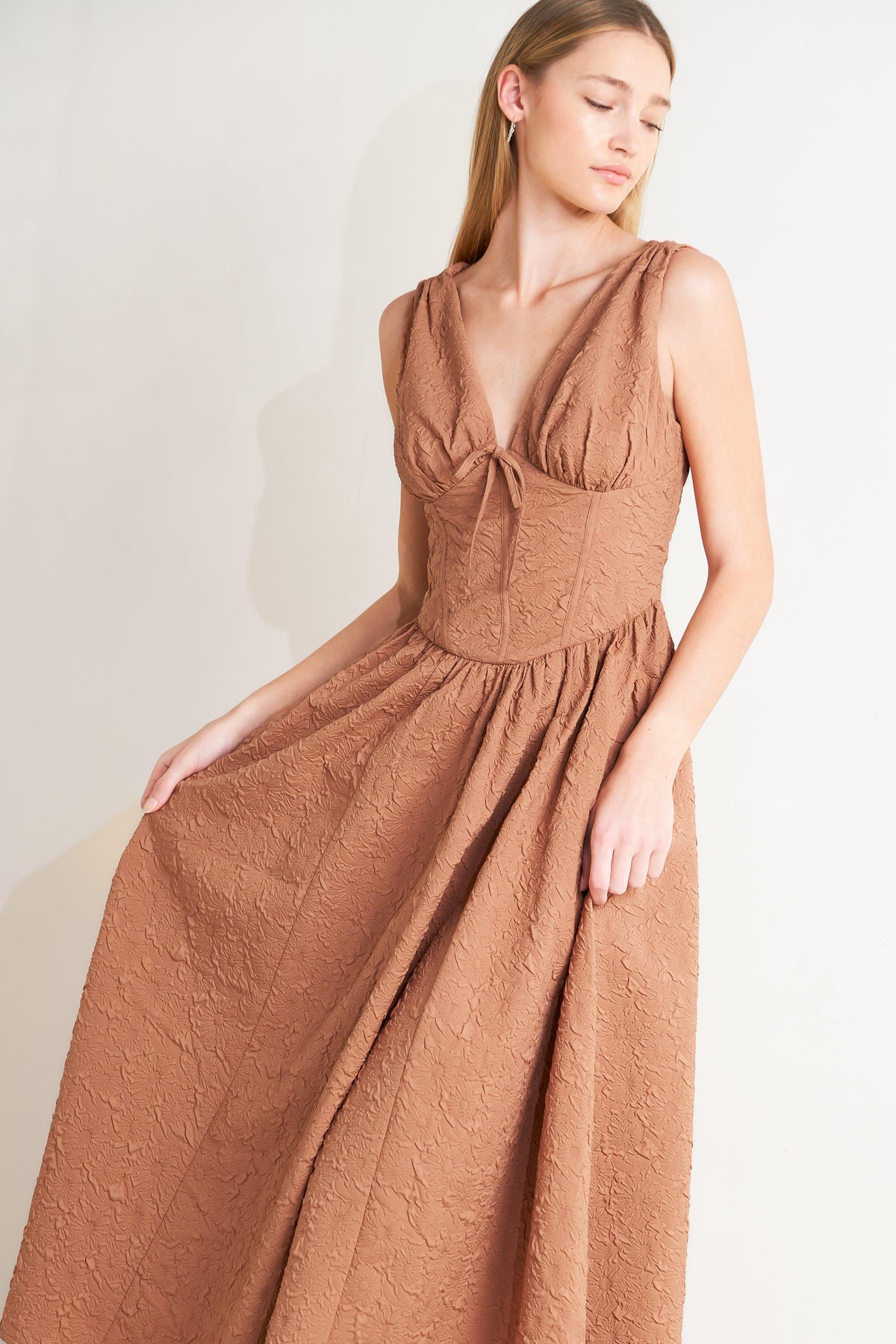 Flying Tomato Earthbound Charm woven midi dress in mocha rose color, featuring a stylish, flowy fabric and elegant design.