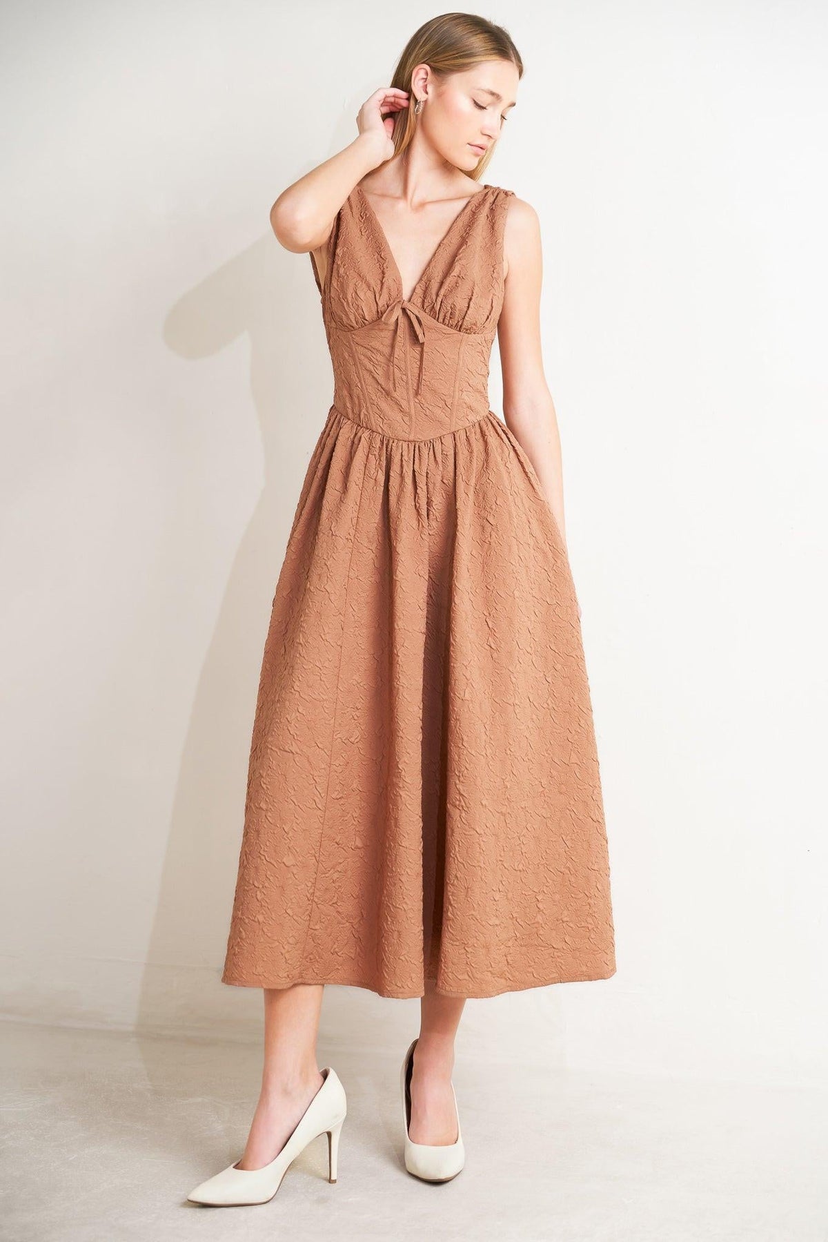 Flying Tomato Earthbound Charm woven midi dress in mocha rose color, featuring a flowing, patterned fabric and a relaxed fit.