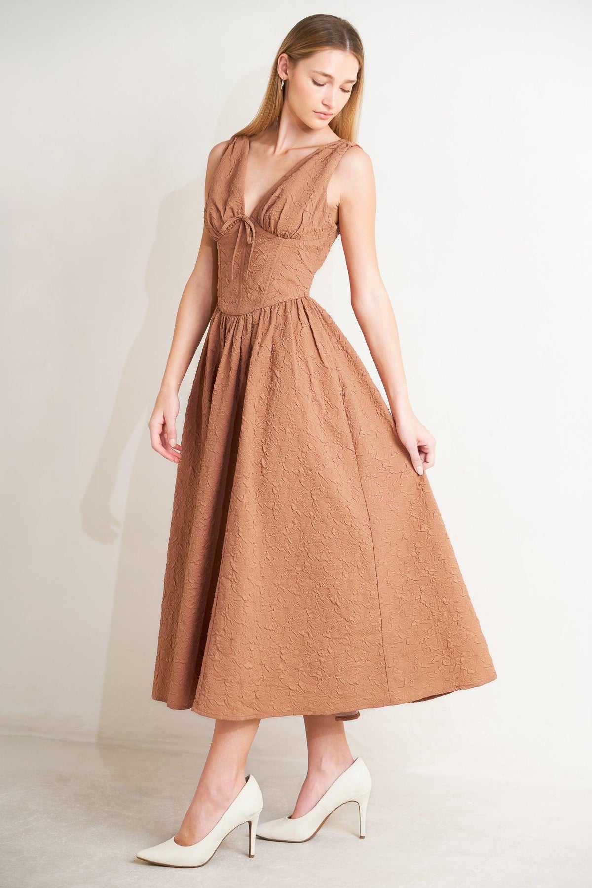 Flying Tomato Earthbound Charm Woven Midi Dress in Mocha Rose, featuring a flowy fabric and stylish woven design.