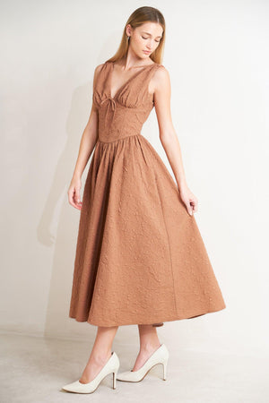 Flying Tomato Earthbound Charm Woven Midi Dress in Mocha Rose, featuring a flowy fabric and stylish woven design.