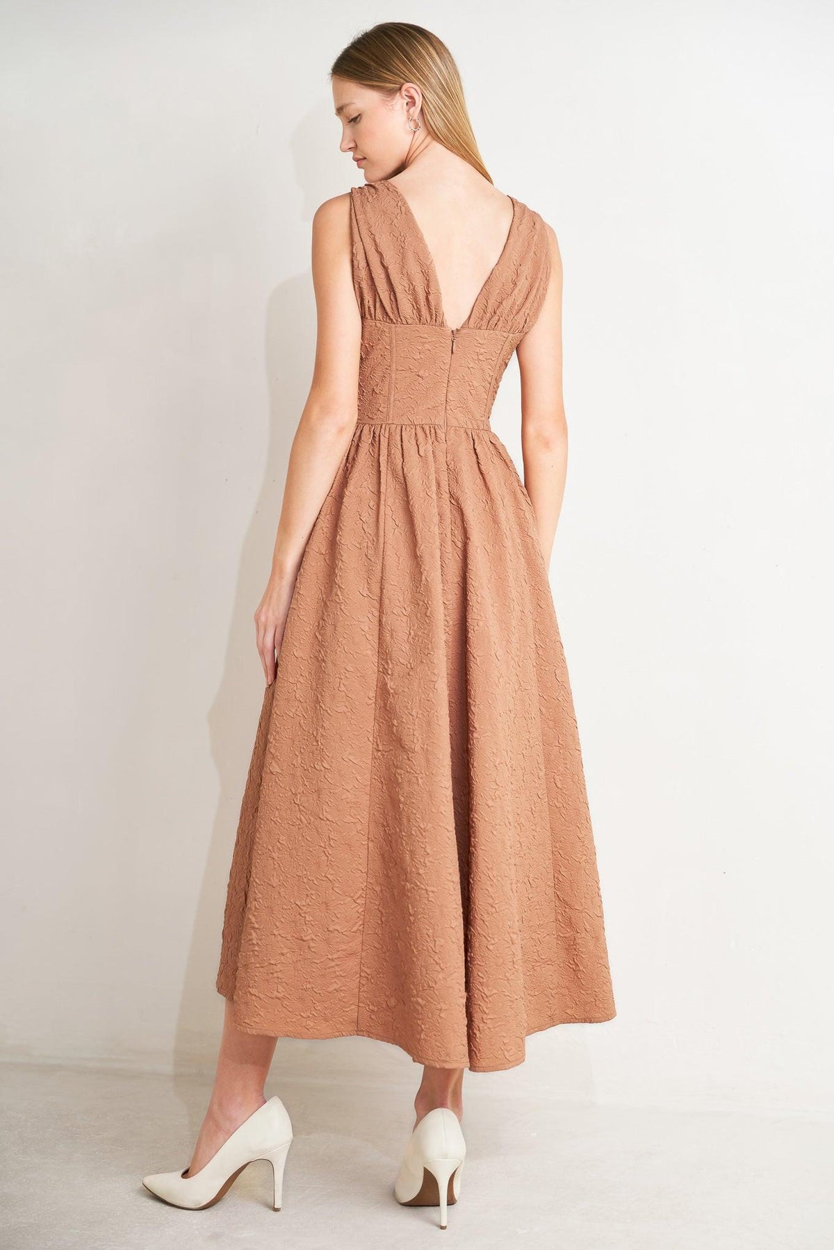 Flying Tomato Earthbound Charm woven midi dress in mocha rose color, featuring a flowy, patterned fabric and casual style.