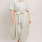 Flying Tomato Sunday Stripe Woven Midi Dress in ivory and blue, featuring a stylish striped pattern and flowing fabric.