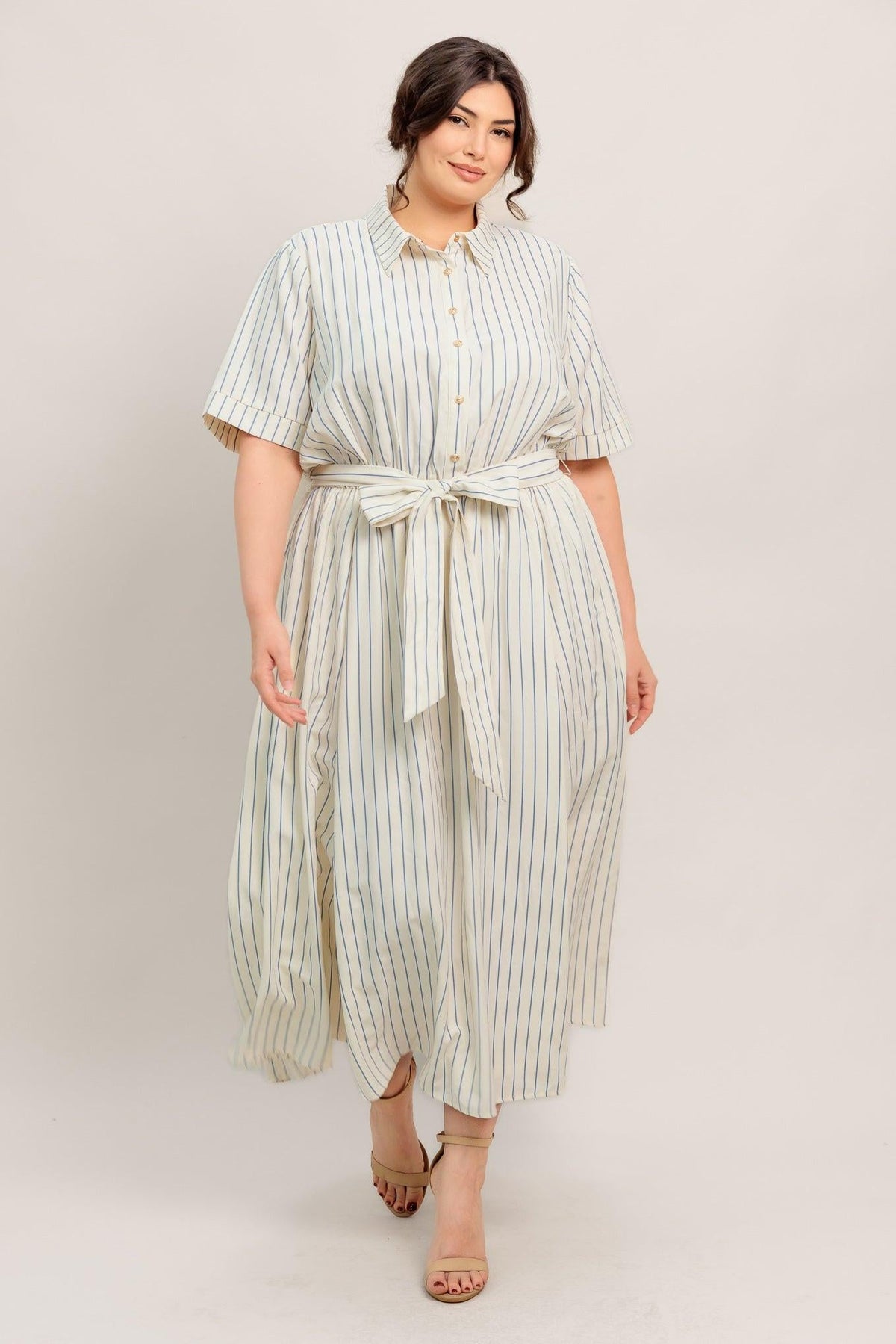 Flying Tomato Sunday Stripe Woven Midi Dress in ivory and blue, featuring a stylish striped pattern and flowing fabric.