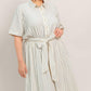 Flying Tomato Sunday Stripe woven midi dress in ivory and blue, featuring a stylish striped pattern and flowing fabric.