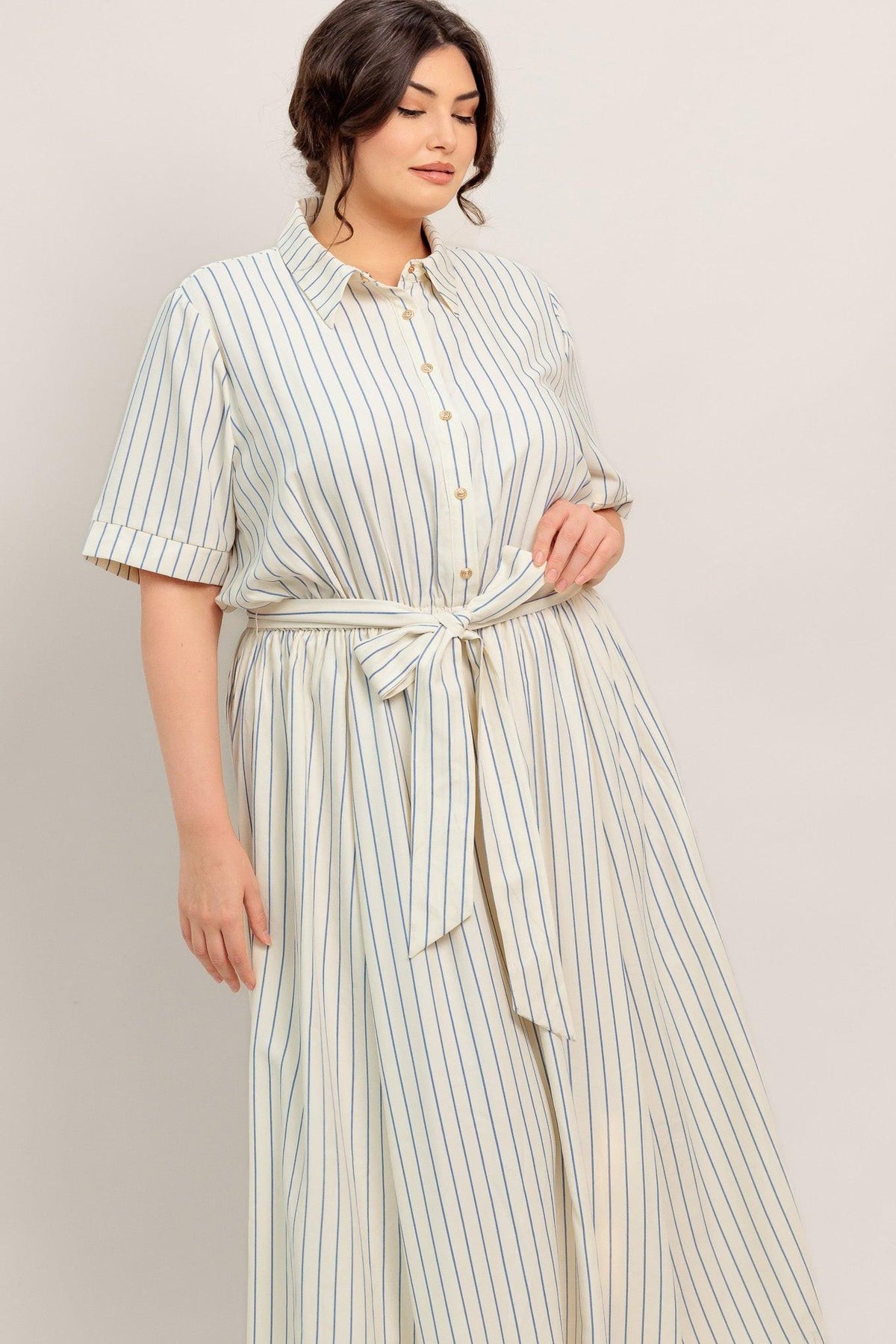 Flying Tomato Sunday Stripe woven midi dress in ivory and blue, featuring a stylish striped pattern and flowing fabric.