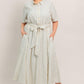Flying Tomato Sunday Stripe woven midi dress in ivory and blue, featuring a stylish striped pattern and flowing fabric.