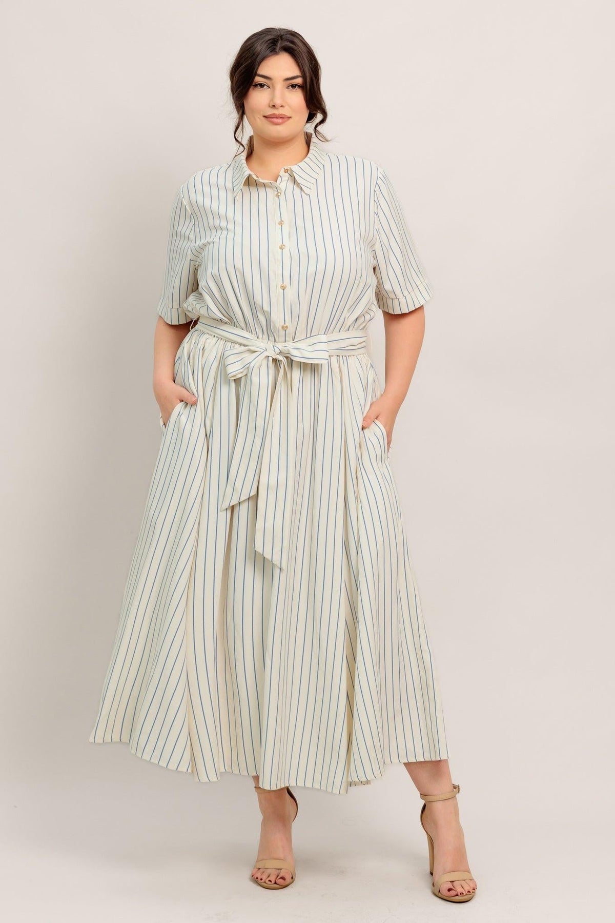 Flying Tomato Sunday Stripe woven midi dress in ivory and blue, featuring a stylish striped pattern and flowing fabric.