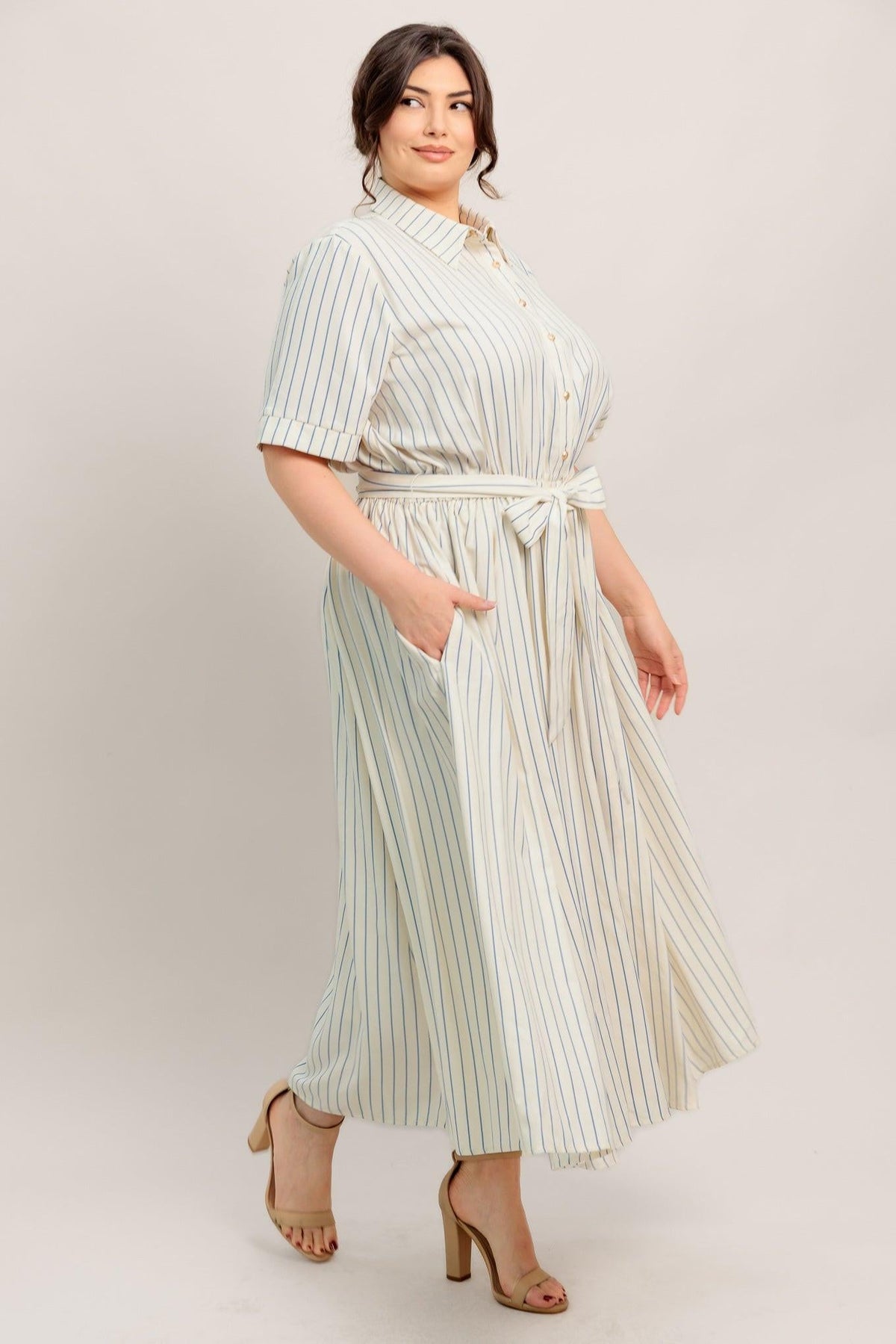 Flying Tomato Sunday Stripe woven midi dress in ivory and blue, featuring a stylish, striped design and comfortable fit.