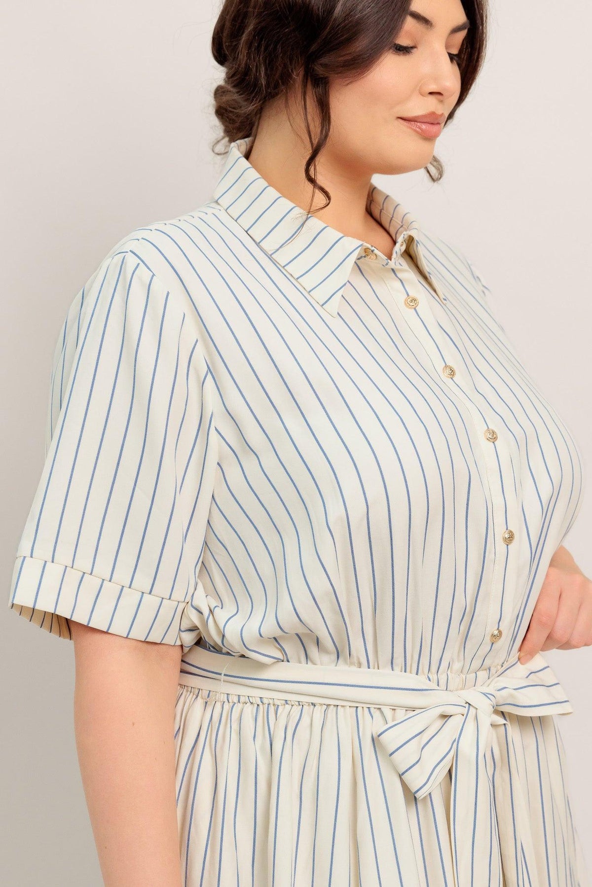 Flying Tomato Sunday Stripe woven midi dress in ivory and blue with a stylish striped pattern, perfect for casual or summer wear.