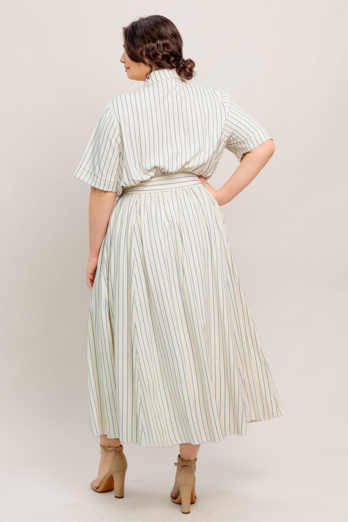 Flying Tomato Sunday Stripe Woven Midi Dress in ivory and blue, featuring a stylish striped pattern and flowing fabric.