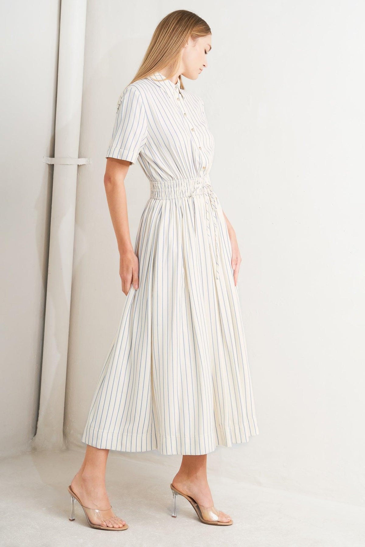 Flying Tomato Sunday Stripe Woven Midi Dress in ivory and blue, featuring a stylish striped pattern and midi length.