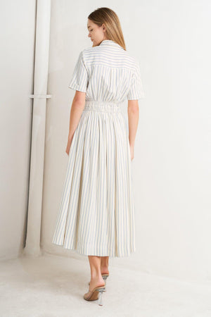 Flying Tomato Sunday Stripe Woven Midi Dress in ivory and blue, featuring a stylish striped pattern and midi length.