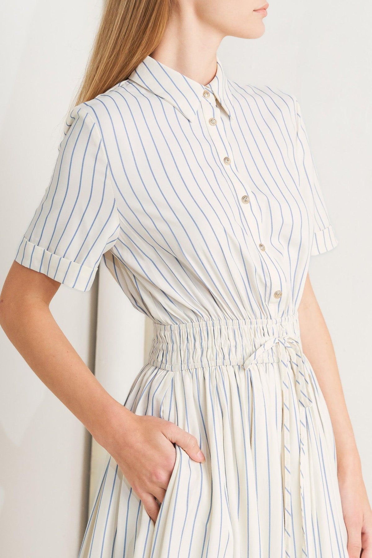 Flying Tomato Sunday Stripe Woven Midi Dress in ivory and blue with a striped pattern, perfect for casual summer wear.