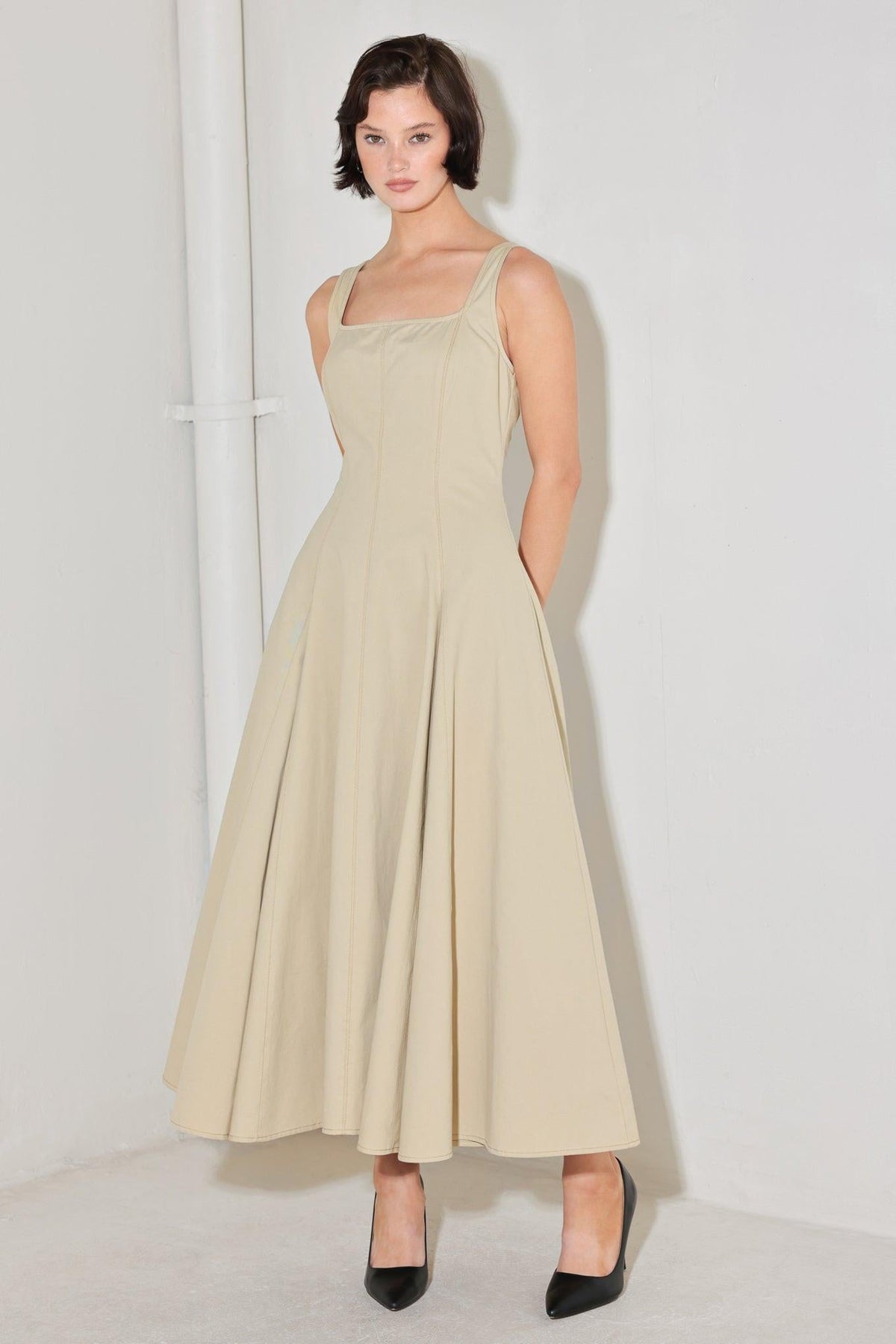 Beige Sandstone Serenade woven midi dress by Flying Tomato, featuring a flowy, elegant design with intricate woven details.