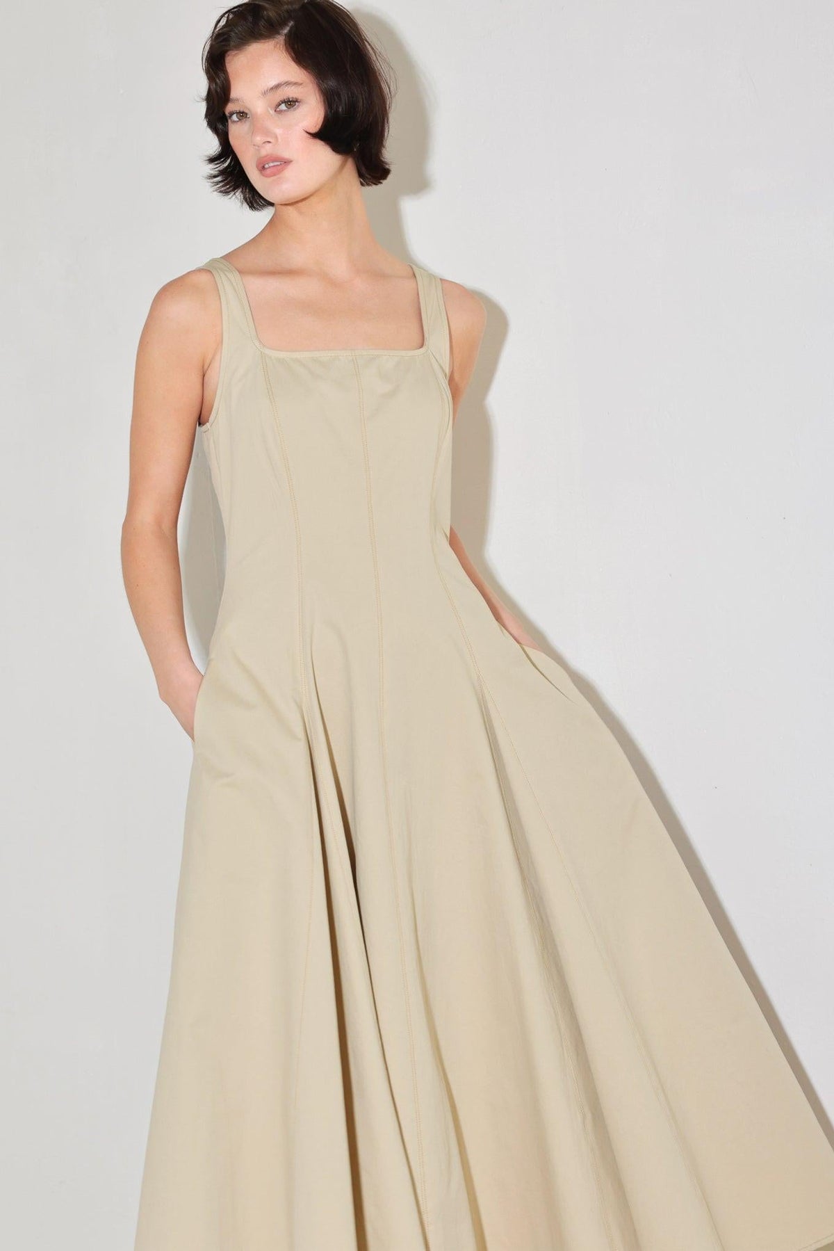 Beige Flying Tomato Sandstone Serenaide woven midi dress with a flowing silhouette and intricate woven details.
