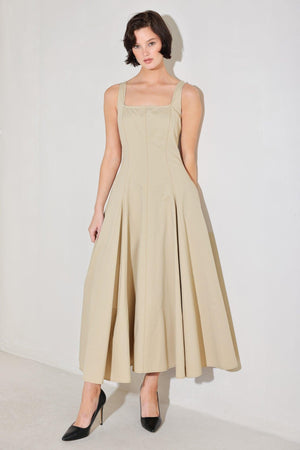 Beige woven midi dress from Flying Tomato's Sandstone Serenade collection, featuring a stylish, flowy design.