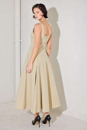 Beige Sandstone Serenade woven midi dress by Flying Tomato, featuring a flowy, patterned fabric and a flattering midi length.