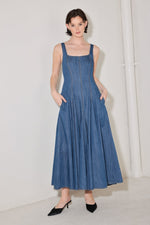 Medium indigo Flying Tomato Indigo Sway Denim Midi Dress with a relaxed fit and sleeveless design.