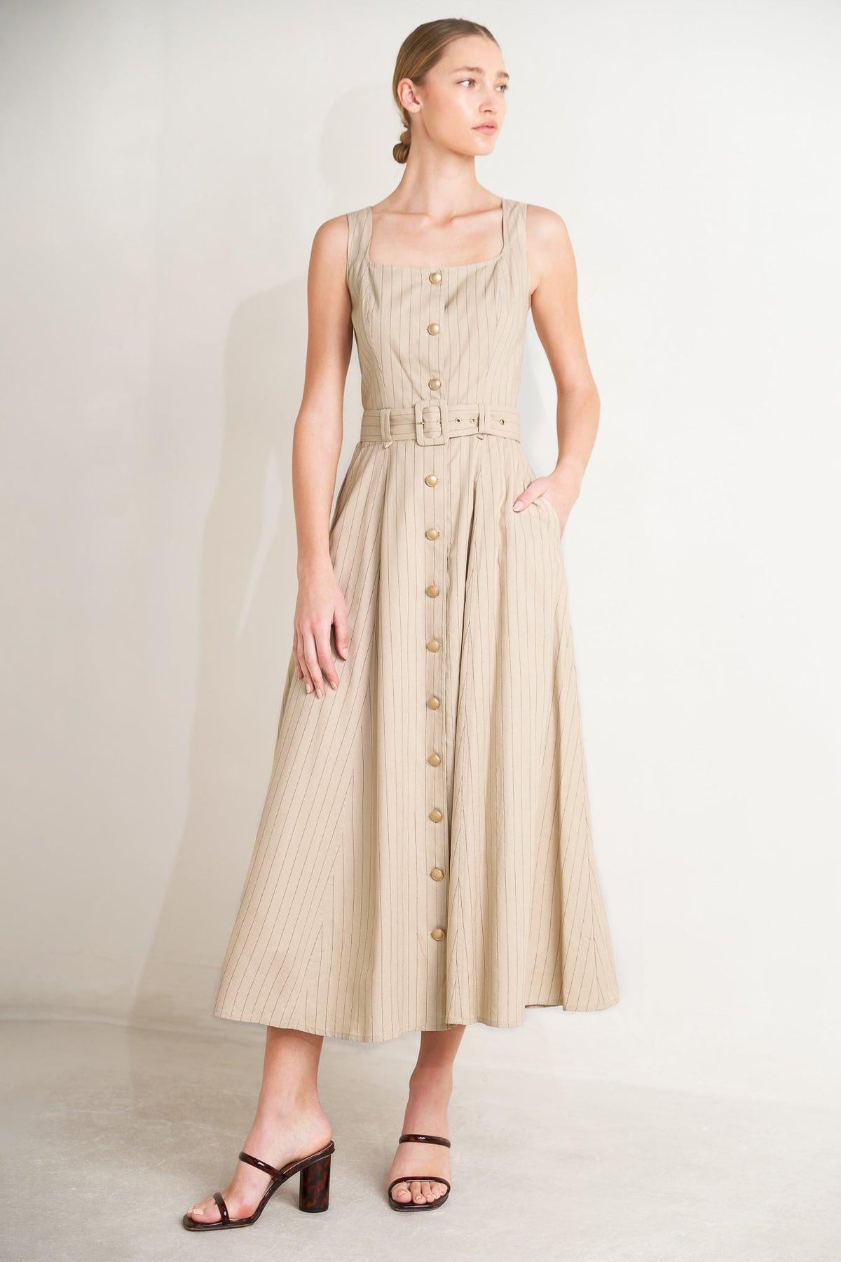 Flying Tomato tailored sunlight woven midi dress in taupe and black, featuring a structured fit and elegant design.