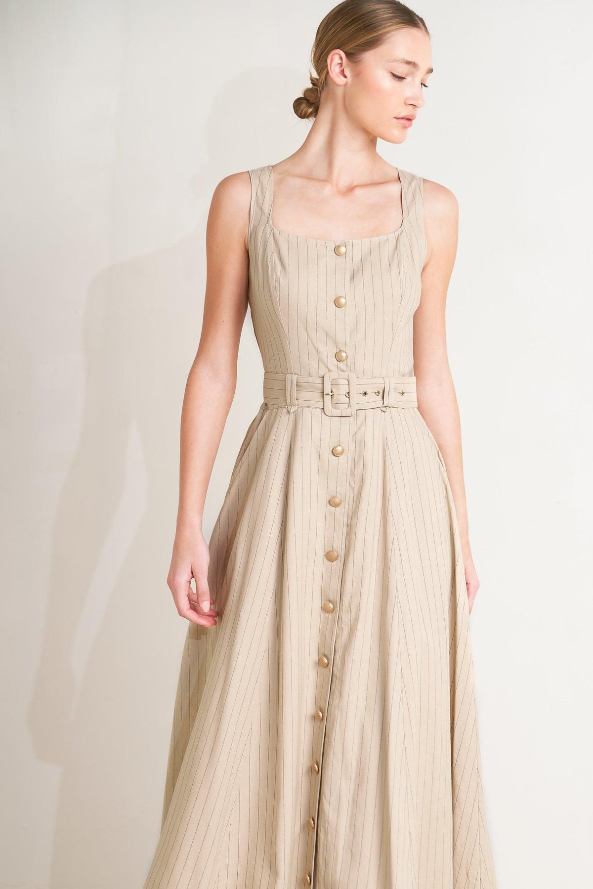 Taupe and black woven midi dress from Flying Tomato featuring tailored design and sunlight-inspired fabric details.