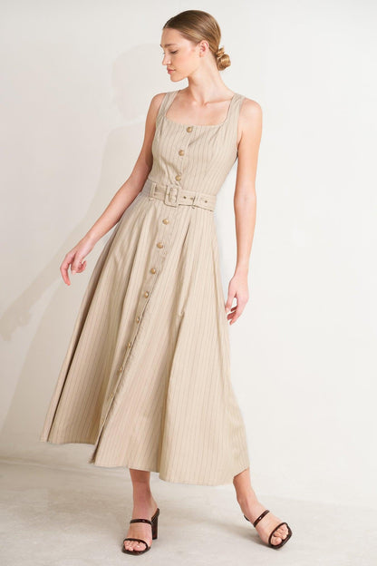 Taupe and black woven midi dress by Flying Tomato featuring a tailored fit and sunlight-inspired design details.