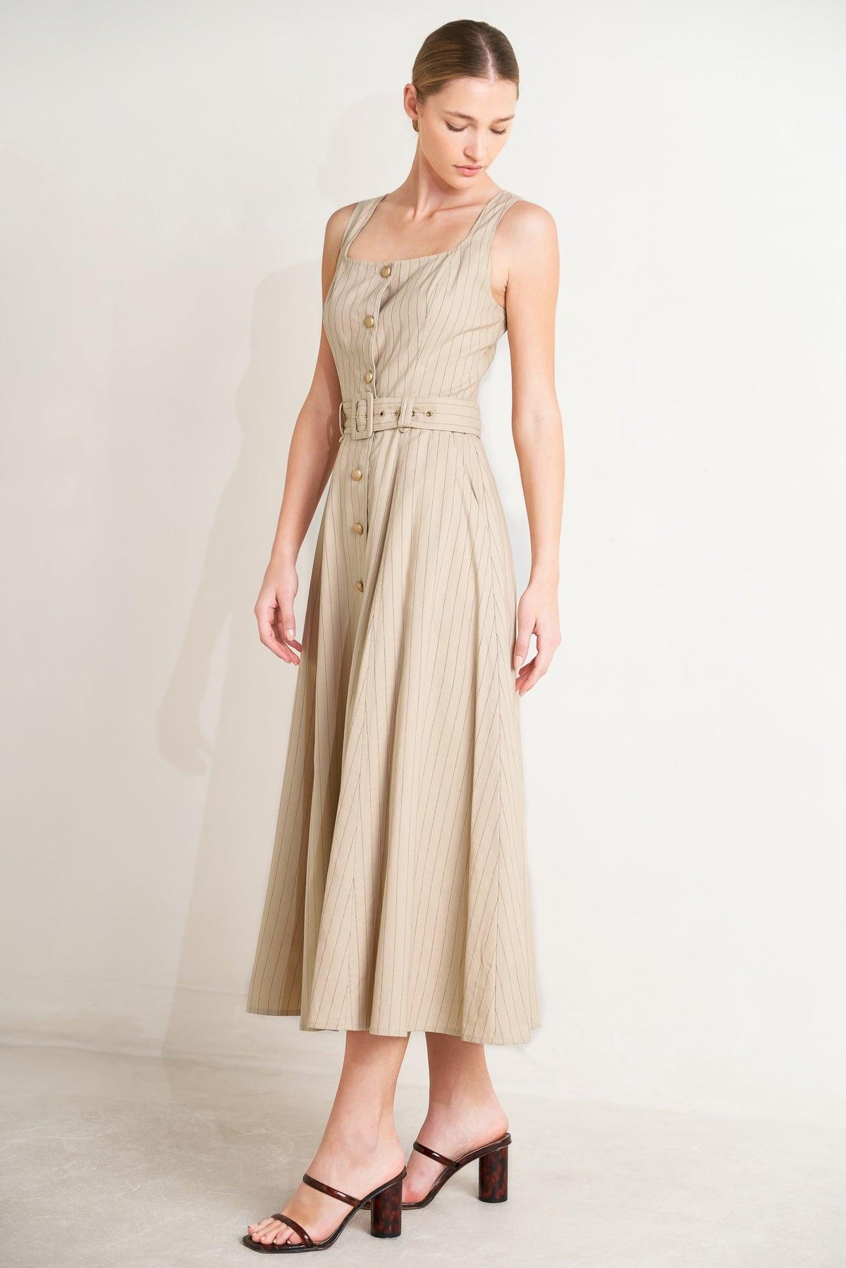 Flying Tomato tailored sunlight woven midi dress in taupe and black with a fitted silhouette and elegant design.