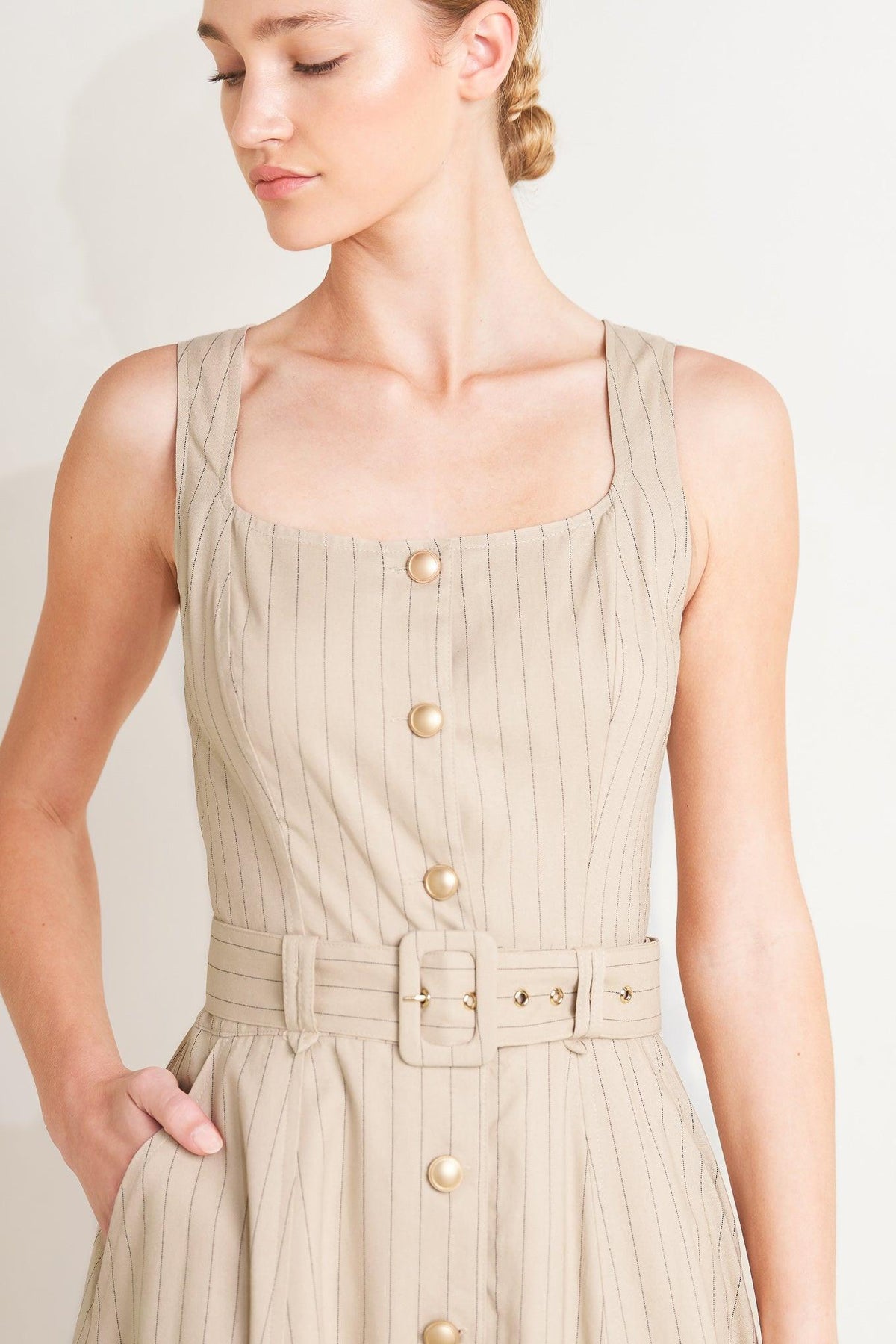Flying Tomato tailored sunlight woven midi dress in taupe and black, featuring a fitted silhouette and elegant design.