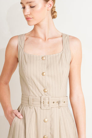 Flying Tomato tailored sunlight woven midi dress in taupe and black, featuring a fitted silhouette and elegant design.