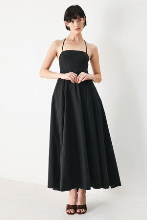 Flying Tomato PURE LINE woven midi dress in black, featuring a sleeveless design with a fitted waist and flowing skirt.