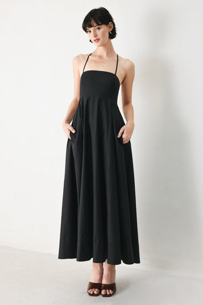 Flying Tomato PURE LINE woven midi dress in black, featuring a stylish, flowing fabric and a classic, elegant silhouette.