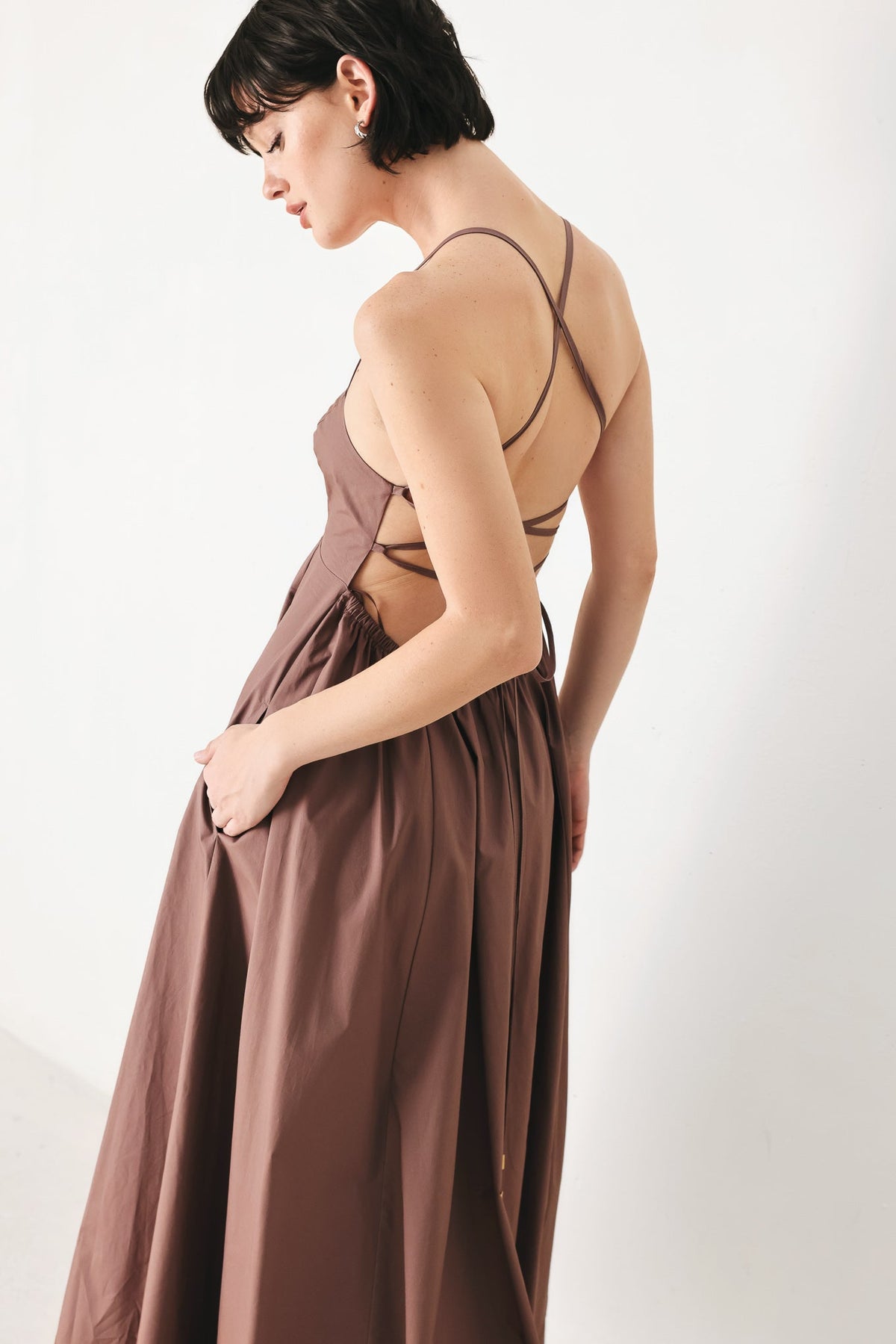 Flying Tomato Pure Line woven midi dress in cocoa color, featuring a stylish, flowy design and sleeveless silhouette.