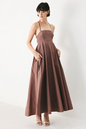 Flying Tomato PURE LINE woven midi dress in cocoa color, featuring a flowing fabric and stylish design.