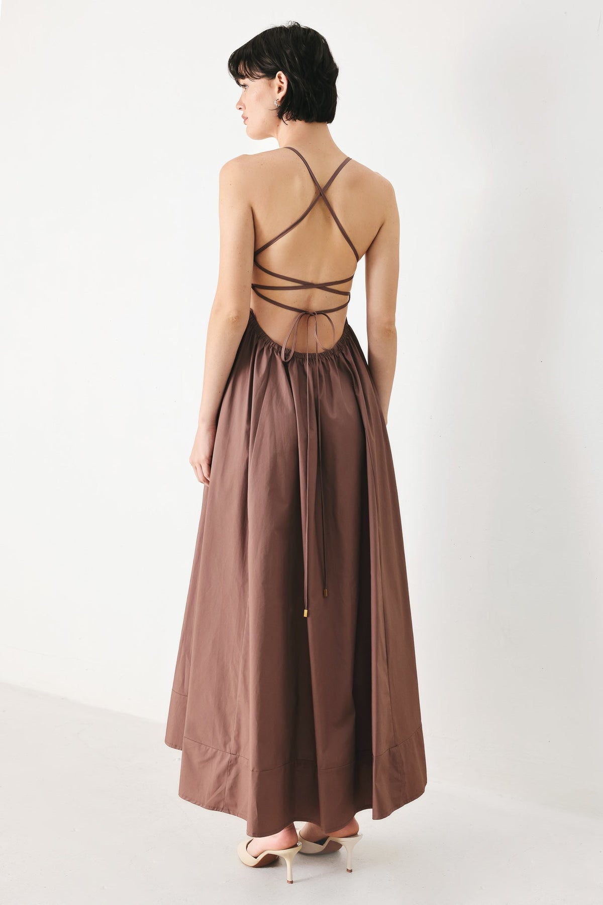 Flying Tomato Pure Line woven midi dress in cocoa color, featuring a stylish, flowing design with a fitted waist and midi length.