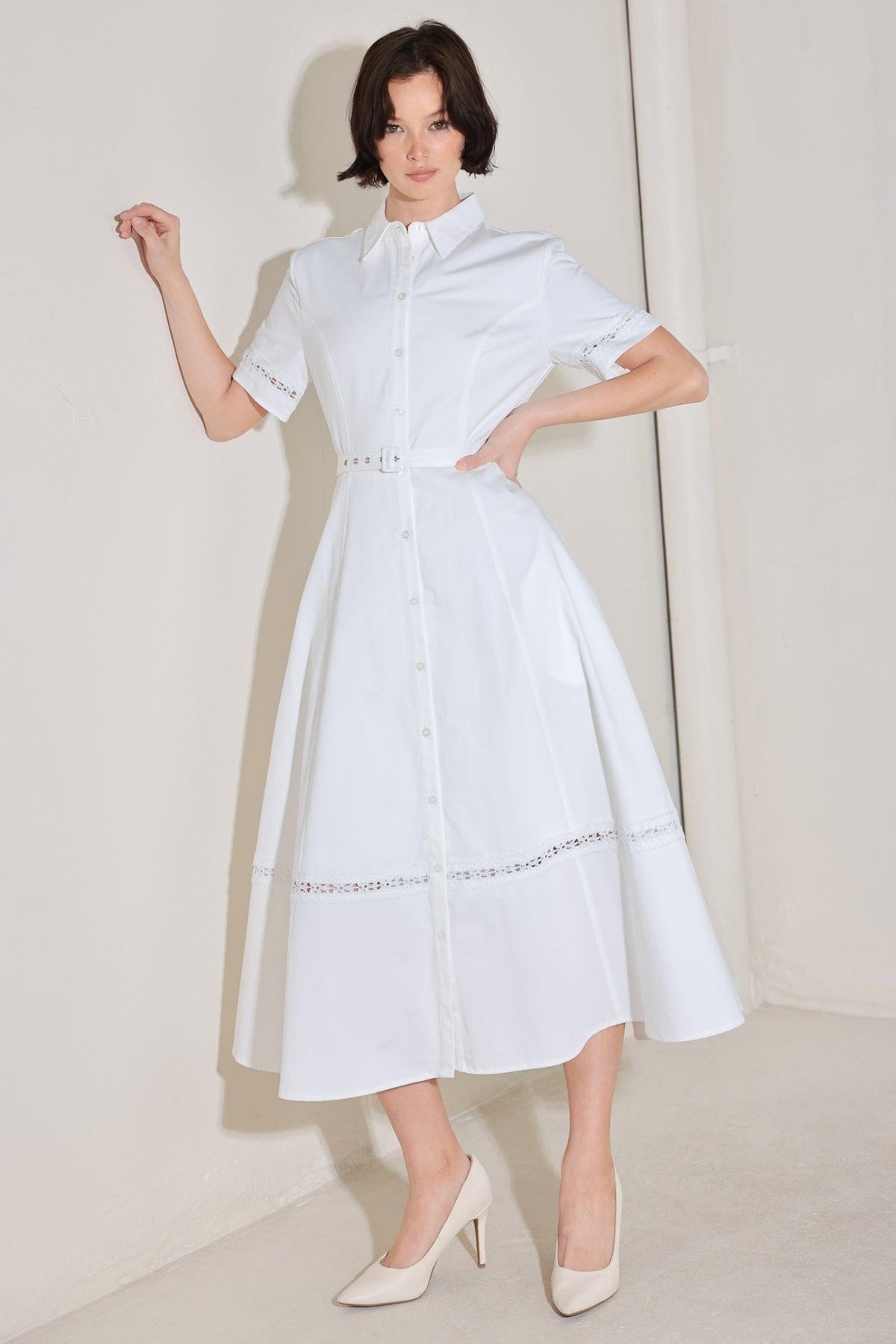 White woven midi dress from Flying Tomato's Elegant Encounter collection, featuring a stylish, flowing design.