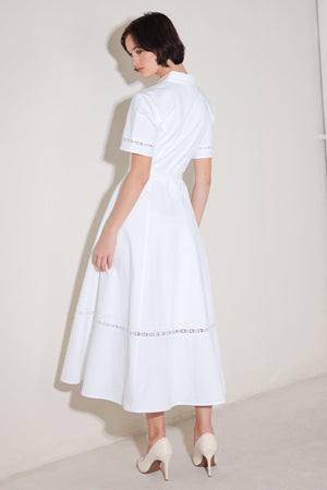 Flying Tomato Elegant Encounter woven midi dress in white, featuring a stylish, flowing design perfect for chic occasions.