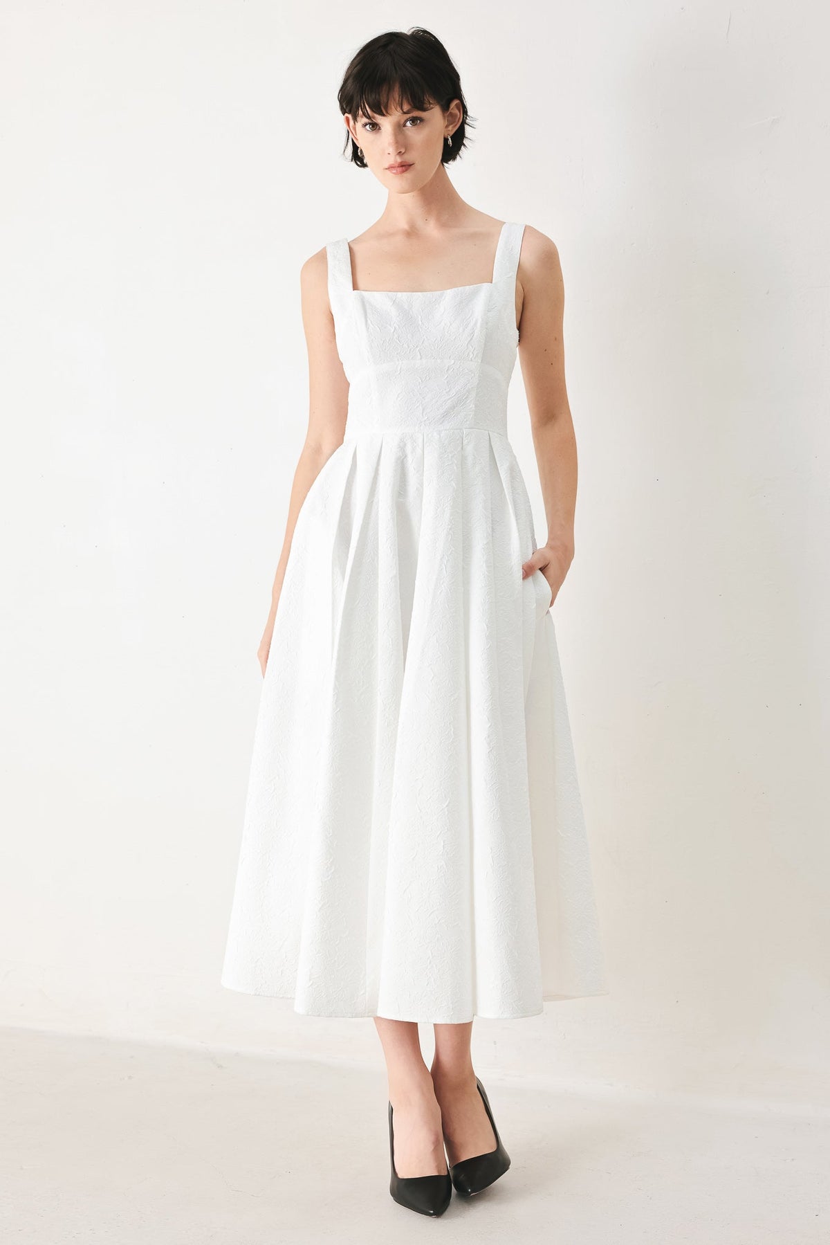 White woven midi dress by Flying Tomato featuring a flowing silhouette and stylish design, perfect for casual or semi-formal wear.