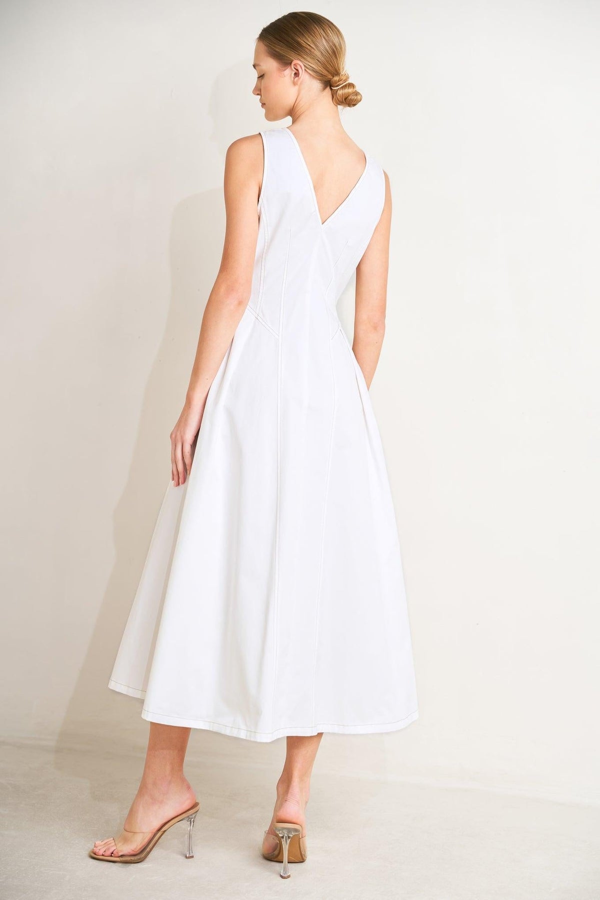 Flying Tomato elegantly yours woven midi dress in white, featuring a stylish and comfortable design perfect for any occasion.