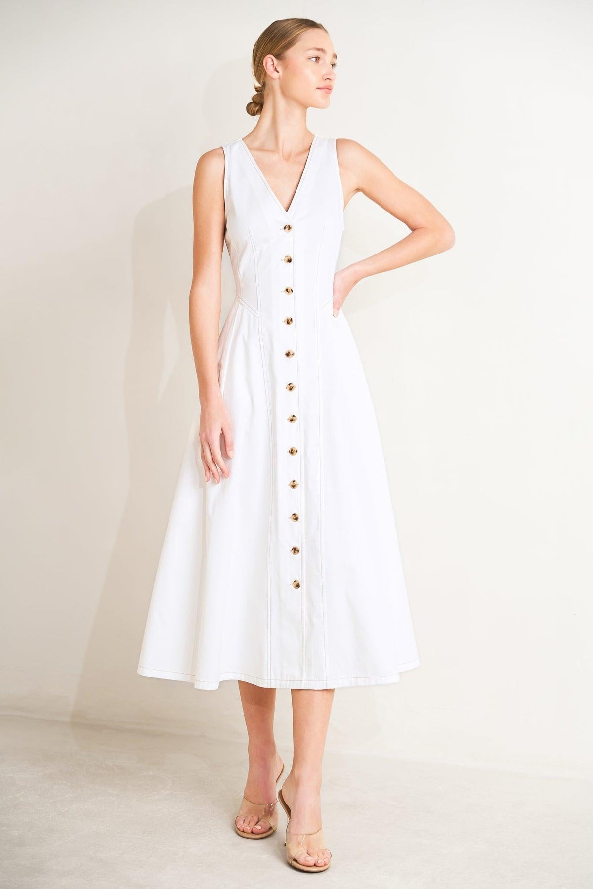 White woven midi dress from Flying Tomato's Elegantly Yours collection, featuring a stylish, flowy design and sleeveless cut.
