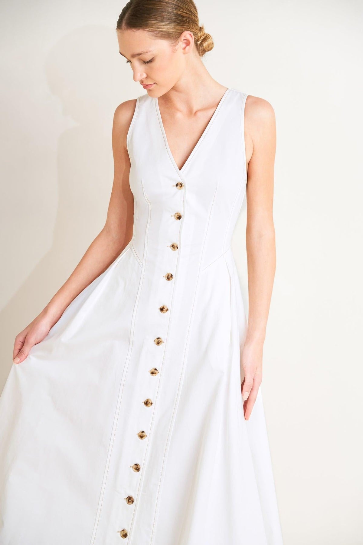 White woven midi dress from Elegant Yours by Flying Tomato, featuring a stylish, flowing design and intricate woven fabric.