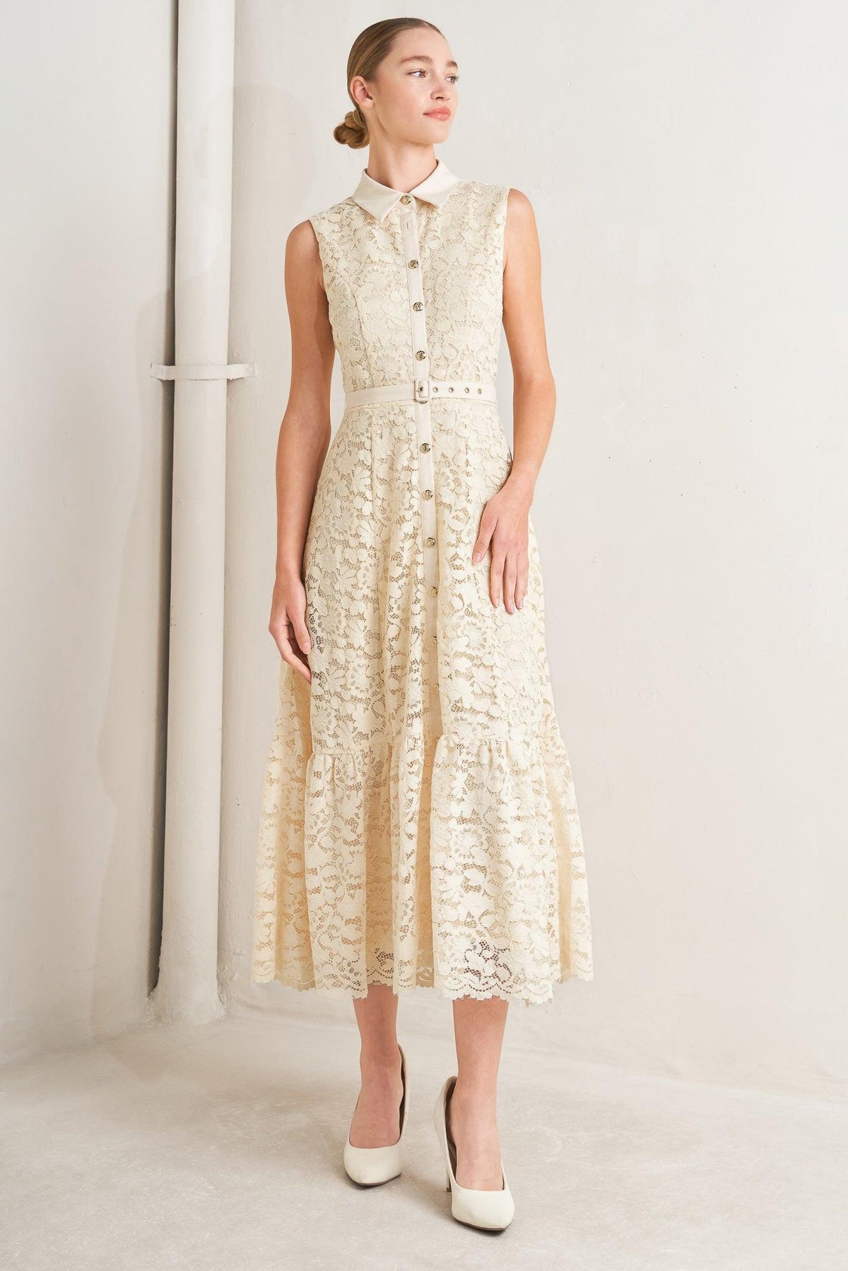 Cream woven lace midi dress by Flying Tomato, featuring delicate lace details and a flowing silhouette.