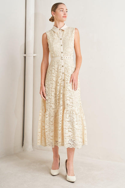 Cream woven lace midi dress by Flying Tomato, featuring delicate lace details and a flowing silhouette.