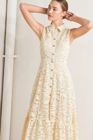 Cream woven lace midi dress by Flying Tomato featuring intricate lace details and a flowing silhouette.