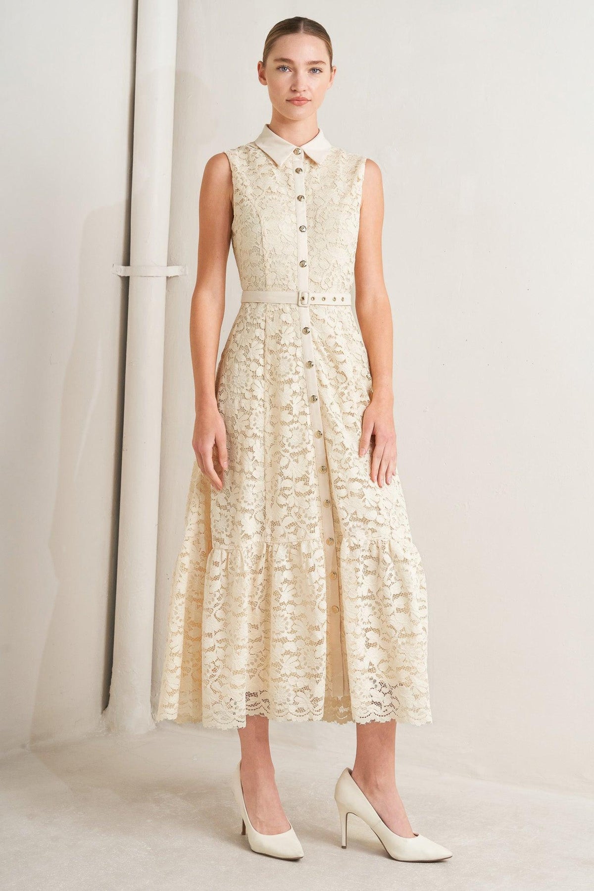 Cream woven lace midi dress by Flying Tomato featuring intricate lace details and a flattering fit.