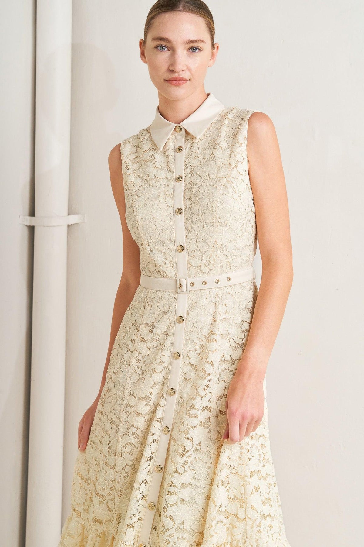 Cream Flying Tomato woven lace midi dress with intricate detailing, perfect for elegant occasions and romantic style.