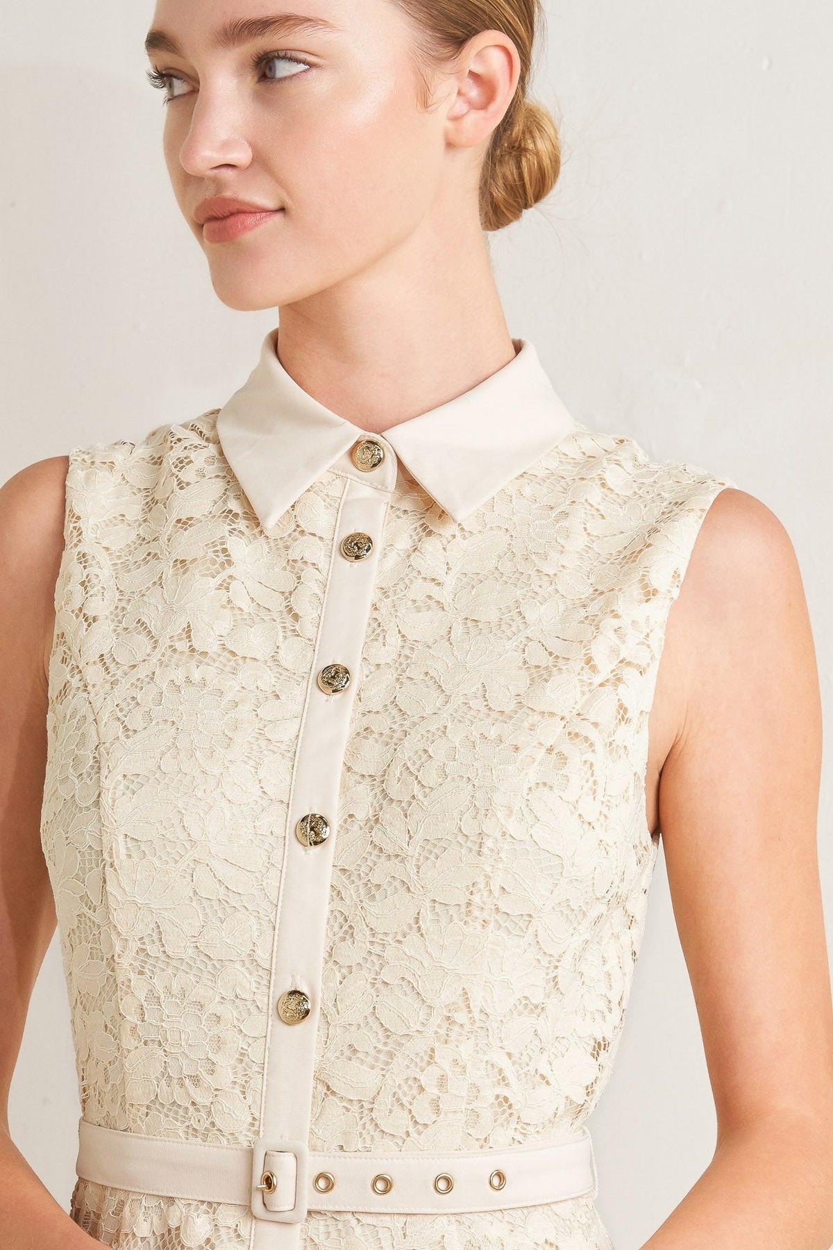 Cream woven lace midi dress by Flying Tomato featuring intricate lace details and a elegant, flowing silhouette.