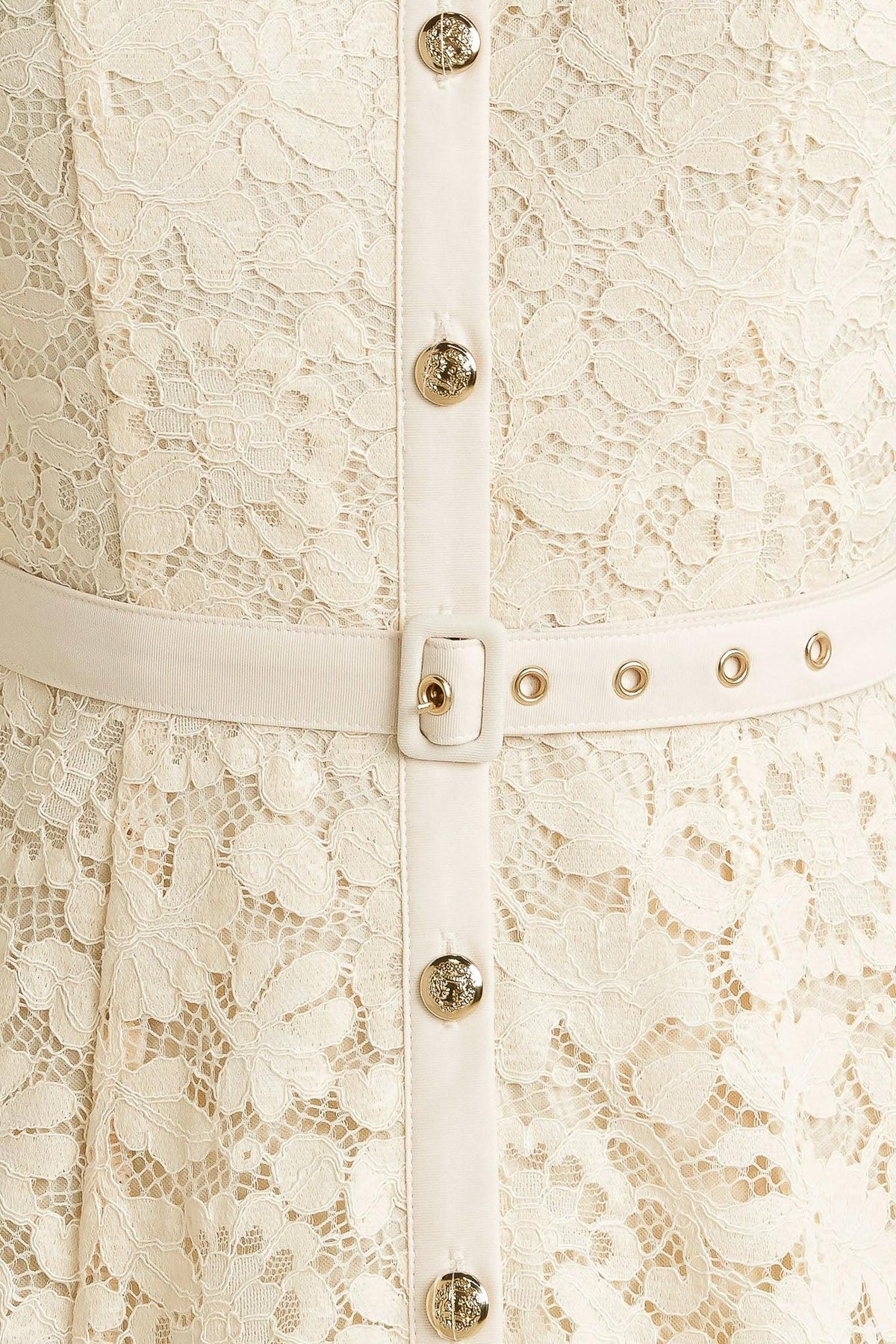 Cream woven lace midi dress by Flying Tomato, featuring intricate lace details and a flowing silhouette.