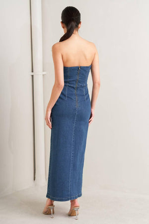 Flying Tomato RAW Echo Denim Midi Dress, casual denim dress with a fitted silhouette and mid-length design.
