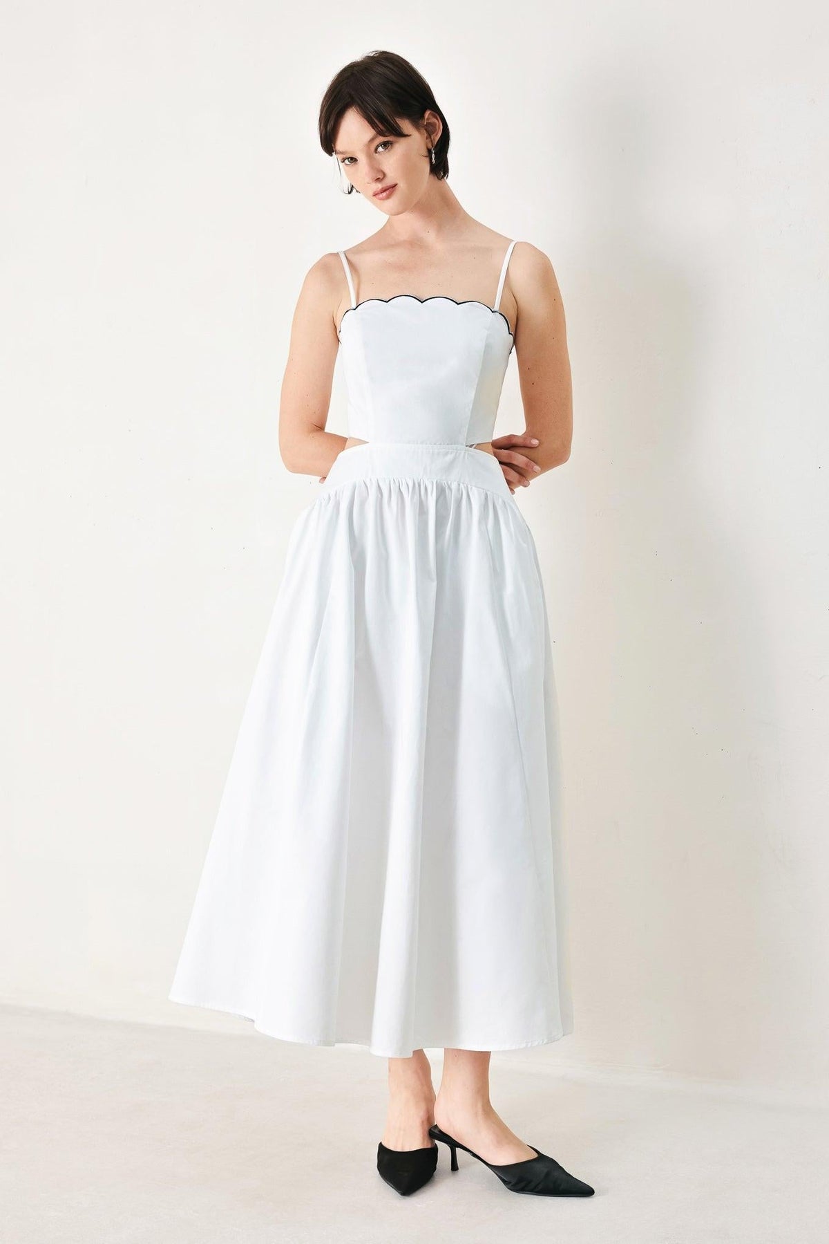 Flying Tomato PURE ELEGANCE woven midi dress in white and navy, featuring a stylish, flowing design and elegant detailing.
