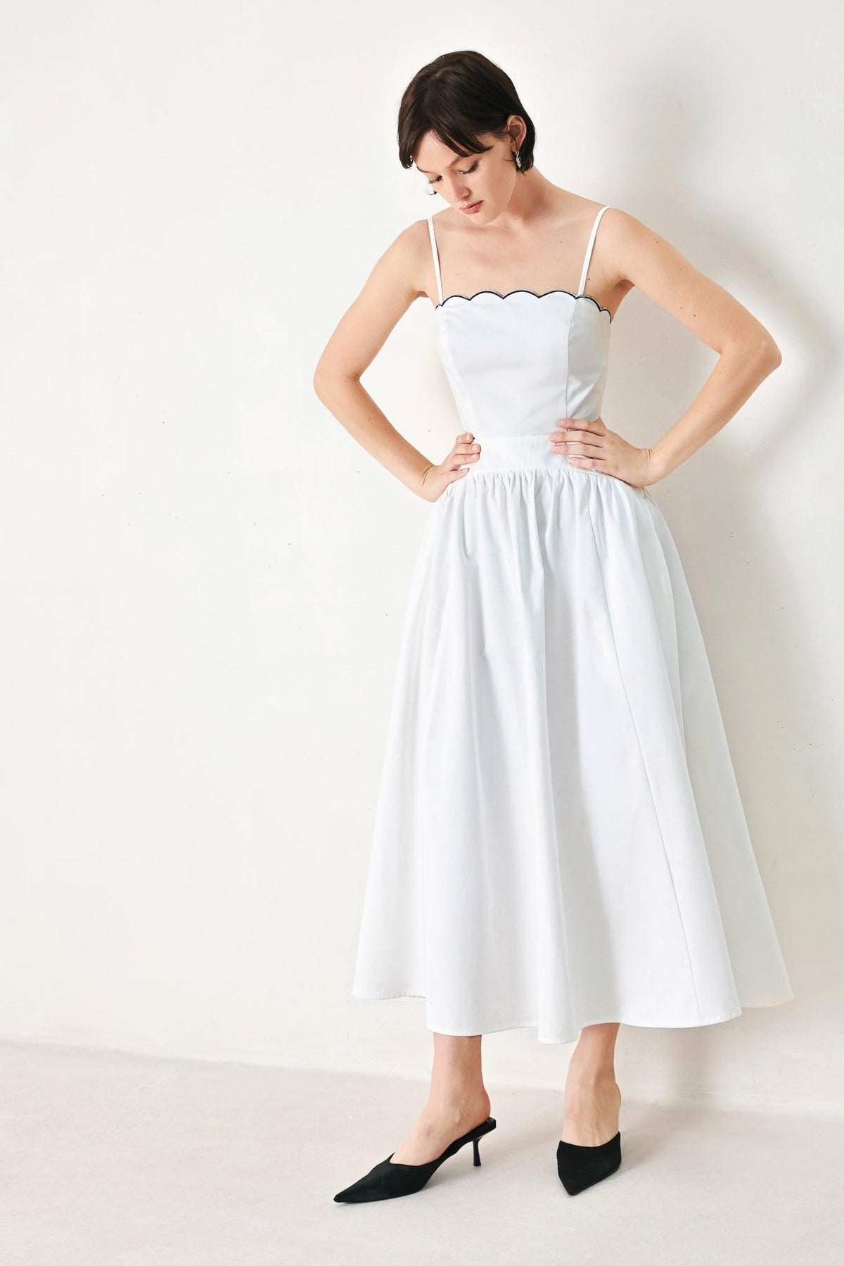 Flying Tomato PURE ELEGANCE woven midi dress in white and navy, knee-length with a stylish woven fabric design.
